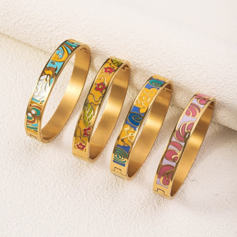Wholesale Luxury Stainless Steel Enamel Drip Oil 18K Genuine Gold Plated Titanium Steel Bracelet